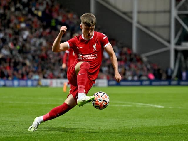 Ben Doak of Liverpool during the pre-season friendly match against SV Darmstadt 98 at Deepdale on August 07, 2023. (Photo by Andrew Powell/Liverpool FC via Getty Images)