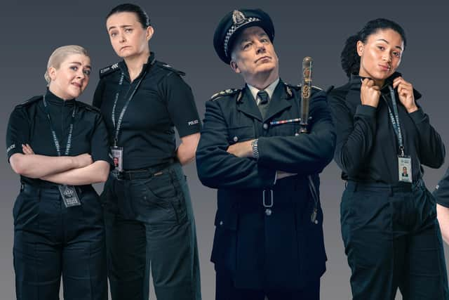 Picture shows Scot Squad characters Officer Sharon McLelvie (PHOEBE CONNOLLY), Sgt Karen Ann Millar (KAREN BARTKE), Chief Commissioner Cameron Miekelson (JACK DOCHERTY), PC Eleanor Hipgrove (DANIELLE JAM), PC Sarah Fletcher (SALLY REID) and PC Jack McLaren (JORDAN YOUNG) - (C) The Comedy Unit - Photographer: Jamie Simpson