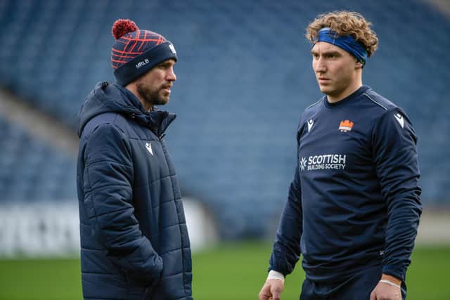Head coach Mike Blair and Jamie Ritchie during an Edinburgh Rugby training session at BT Murrayfield.