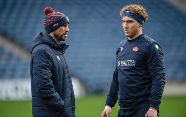 Head coach Mike Blair and Jamie Ritchie during an Edinburgh Rugby training session at BT Murrayfield.