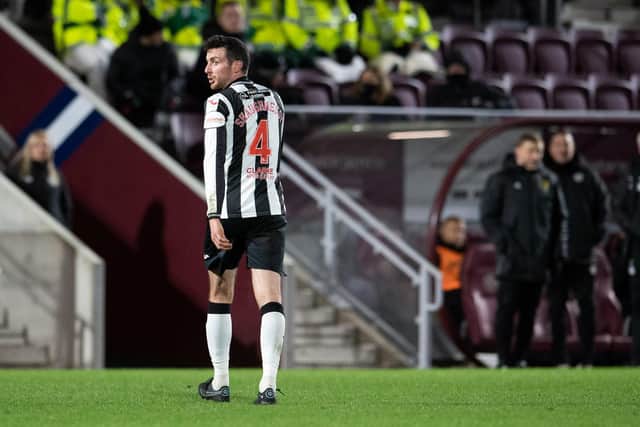 St Mirren's Joe Shaughnessy leaves the field after a red card.