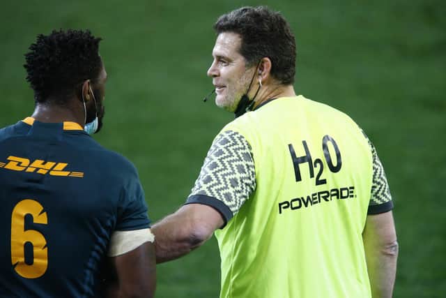 Rassie Erasmus, South Africa's director of rugby, with Springboks captain Siya Kolisi. Picture: Steve Haag/PA Wire