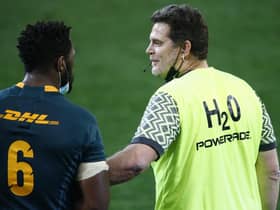 Rassie Erasmus, South Africa's director of rugby, with Springboks captain Siya Kolisi. Picture: Steve Haag/PA Wire