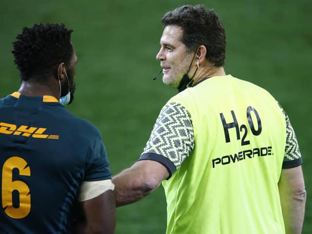 Rassie Erasmus, South Africa's director of rugby, with Springboks captain Siya Kolisi. Picture: Steve Haag/PA Wire