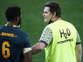 Rassie Erasmus, South Africa's director of rugby, with Springboks captain Siya Kolisi. Picture: Steve Haag/PA Wire