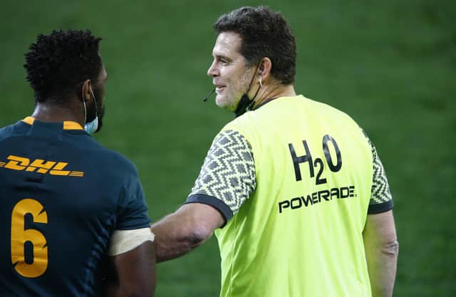 Rassie Erasmus, South Africa's director of rugby, with Springboks captain Siya Kolisi. Picture: Steve Haag/PA Wire