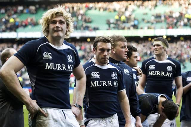 Richie Gray, with Mike Blair alongside him, after the 2011 Calcutta Cup game at Twickenham, Gray's first experience of the fixture.  Picture:  Craig Watson/SNS
