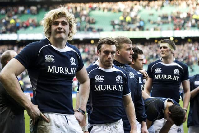 Richie Gray, with Mike Blair alongside him, after the 2011 Calcutta Cup game at Twickenham, Gray's first experience of the fixture. Picture: Craig Watson/SNS