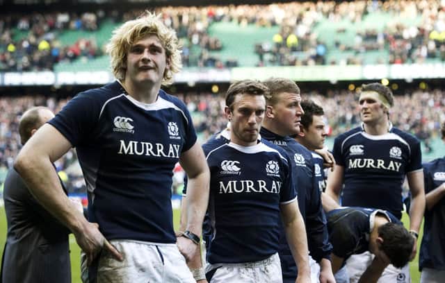 Richie Gray, with Mike Blair alongside him, after the 2011 Calcutta Cup game at Twickenham, Gray's first experience of the fixture.  Picture:  Craig Watson/SNS