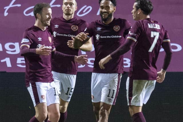 Andy Halliday celebrates his first goal for Hearts in the rout of Dundee