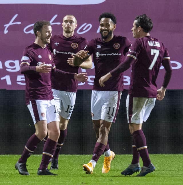 Andy Halliday celebrates his first goal for Hearts in the rout of Dundee