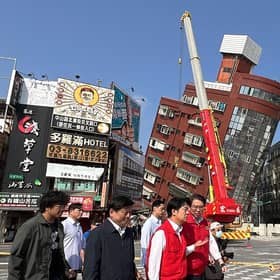 Taiwan's president-elect and current Vice-President Lai Ching-te survey damage in Hualien, after a major earthquake hit Taiwan's east. At least seven people were killed and more than 700 injured on April 3 by a powerful earthquake in Taiwan that damaged dozens of buildings and prompted tsunami warnings that extended to Japan and the Philippines before being lifted.