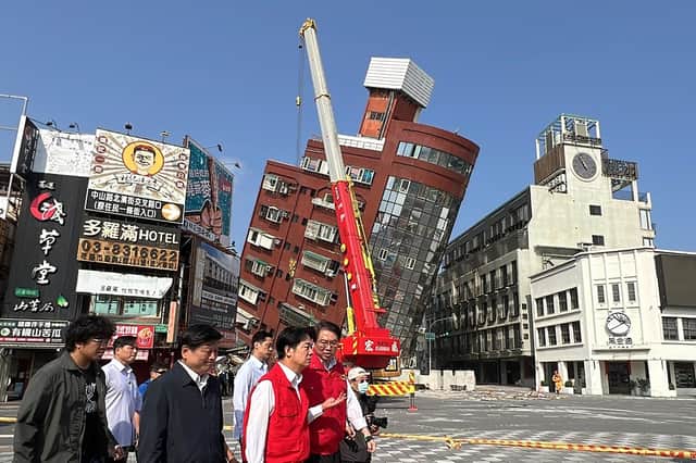 Taiwan's president-elect and current Vice-President Lai Ching-te survey damage in Hualien, after a major earthquake hit Taiwan's east. At least seven people were killed and more than 700 injured on April 3 by a powerful earthquake in Taiwan that damaged dozens of buildings and prompted tsunami warnings that extended to Japan and the Philippines before being lifted.