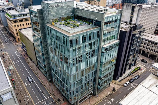 An external view of the Sentinel building, which is prominently located on the corner of Waterloo Street and Douglas Street in Glasgow city centre.