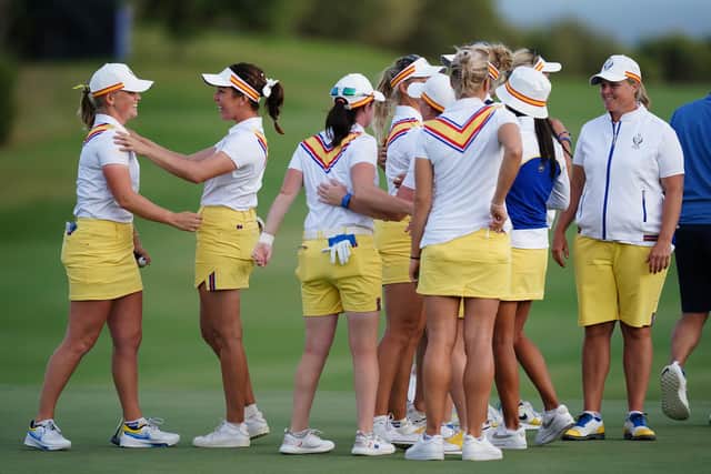 Team Europe react on the 18th green during day one of the 2023 Solheim Cup.