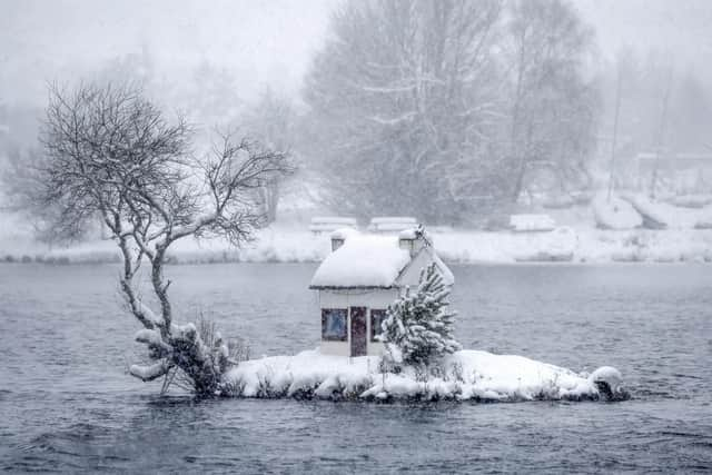 The Wee Hoose, also known as Broons Hoose, is seen in the snow on Loch Shin in Lairg, Scotland. Picture: Jeff J Mitchell/Getty Images