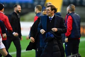 Kilmarnock manager Tommy Wright is ashen-faced at full time as relegation is confirmed following the play-off defeat to Dundee. (Photo by Rob Casey / SNS Group)