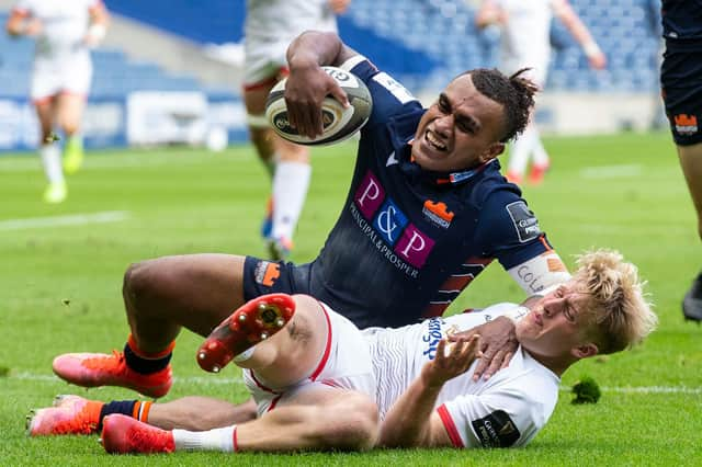 Edinburgh's Eroni Sau scores his side's fifth try during the narrow Rainbow Cup defeat by Munster at BT Murrayfield. Picture: Bruce White/SNS