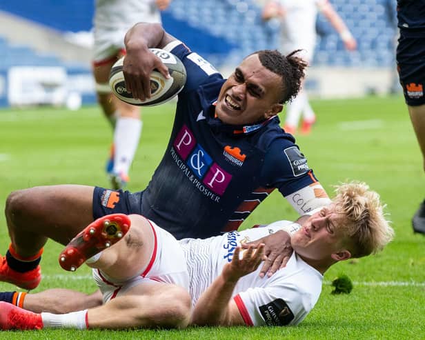 Edinburgh's Eroni Sau scores his side's fifth try during the narrow Rainbow Cup defeat by Munster at BT Murrayfield. Picture: Bruce White/SNS