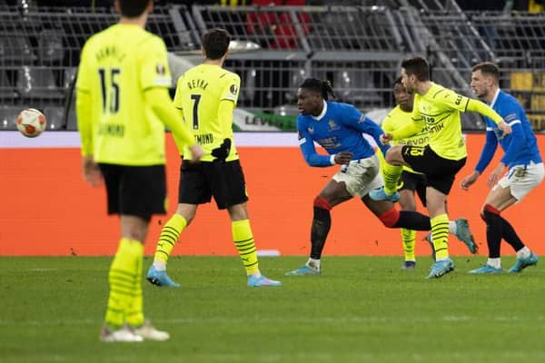 Raphael Guerriero scores in Germany to leave the tie set at 4-2 heading to Ibrox. (Photo by Alan Harvey / SNS Group)