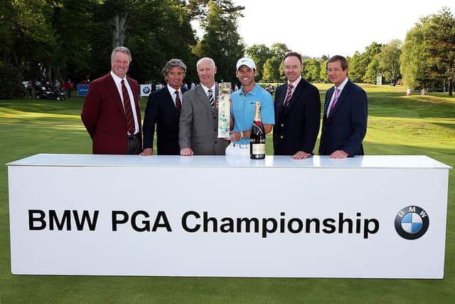 Jim Farmer, far left, was part of the presentation group as PGA captain when Paul Vasey won the BMW PGA Championship at Wentworth in 2009. Picture: Andrew Redington/Getty Images.