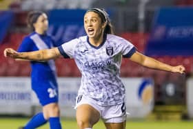 Priscila Chinchilla celebrates making it 1-0 to Glasgow City.