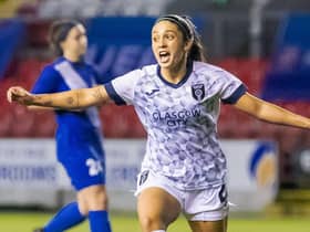 Priscila Chinchilla celebrates making it 1-0 to Glasgow City.