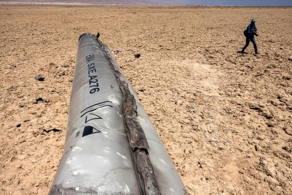 The remains of a missile that landed on the shore of the Dead Sea during attacks on Israel by Iran (Picture: Menahem Kahana/AFP via Getty Images)
