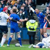 Gael Fickou celebrates his try for France against Scotland in the Six Nations.