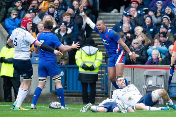 Gael Fickou celebrates his try for France against Scotland in the Six Nations.