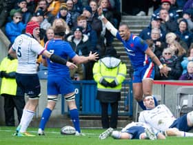 Gael Fickou celebrates his try for France against Scotland in the Six Nations.
