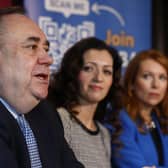 Alba Party Holyrood leader Ash Regan MSP (right), party leader Alex Salmond (lelft) and Tasmina Ahmed-Sheikh (centre), party chair, hold a press conference in Edinburgh. Picture: Jeff J Mitchell/Getty Images