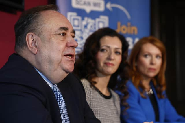 Alba Party Holyrood leader Ash Regan MSP (right), party leader Alex Salmond (lelft) and Tasmina Ahmed-Sheikh (centre), party chair, hold a press conference in Edinburgh. Picture: Jeff J Mitchell/Getty Images