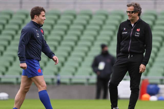 France's head coach Fabien Galthie, right, and star scrum-half Antoine Dupont have both tested positive for Covid-19. Picture: Brian LawlessAFP via Getty Images