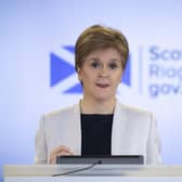 Nicola Sturgeon at the podium in 2020 for a Covid briefing. Picture: Jane Barlow/WPA Pool/Getty Images