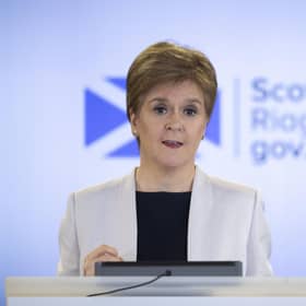 Nicola Sturgeon at the podium in 2020 for a Covid briefing. Picture: Jane Barlow/WPA Pool/Getty Images