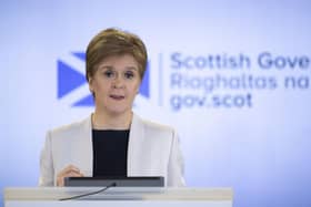 Nicola Sturgeon at the podium in 2020 for a Covid briefing. Picture: Jane Barlow/WPA Pool/Getty Images