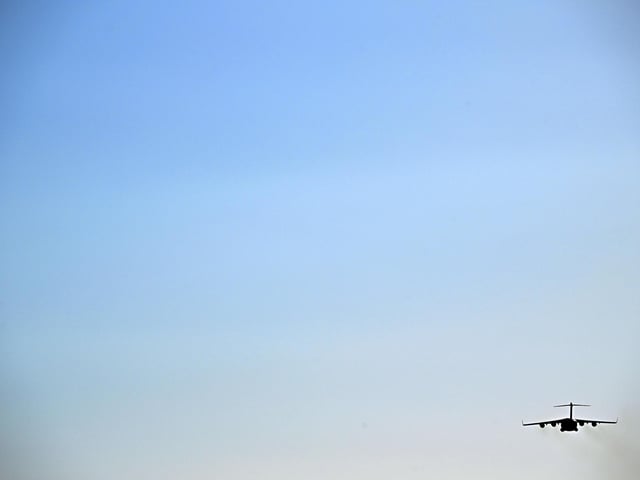 A Royal Air Force (RAF) C17 aircraft, carrying the coffin of Queen Elizabeth II, takes off from Edinburgh airport on its journey from Edinburgh to Buckingham Palace, London, where it will lie at rest.