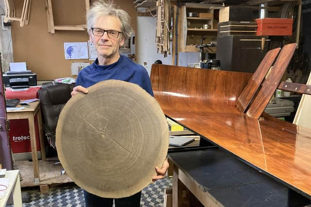 Cabinetmaker Philippe Sarazin who builds and restores wooden furniture in his studio, Labo Voluptas. Pic: Sophie Goodall/PA Wire