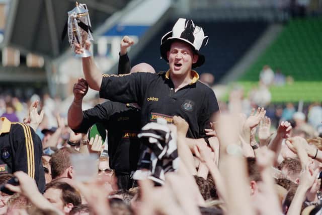 Doddie Weir is chaired off by Newcastle Falcons fans after helping the club win the Premiership title in 1997/98. Picture: Tom Shaw/Allsport/Getty Images/Hulton Archive