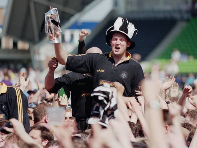 Doddie Weir is chaired off by Newcastle Falcons fans after helping the club win the Premiership title in 1997/98. Picture: Tom Shaw/Allsport/Getty Images/Hulton Archive