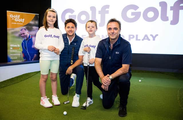 Pictured at the launch of Golf.Golf in St Andrews are, from left, Olivia Farquhar, Niall Horan (R&A Ambassador and Co-Founder, Modest Golf Management), Ruaridh McCallum and Phil Anderton (Chief Development Officer, the R&A). Pictured: Ross Parker/R&A/R&A via Getty Images.