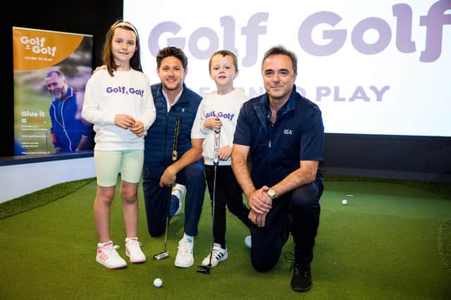 Pictured at the launch of Golf.Golf in St Andrews are, from left, Olivia Farquhar, Niall Horan (R&A Ambassador and Co-Founder, Modest Golf Management), Ruaridh McCallum and Phil Anderton (Chief Development Officer, the R&A). Pictured: Ross Parker/R&A/R&A via Getty Images.
