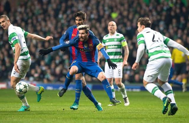 Lionel Messi in the thick of the Champions League action for Barcelona at Celtic Park in November 2016. The Spanish giants are one of the founder members of the new European Super League. (Photo by Craig Foy/SNS Group).