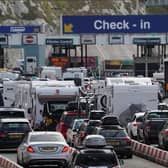 Car queue at the check-in at Dover Port in Kent as many families embark on getaways at the start of summer holidays for many schools in England and Wales. Staffing at French border control at the Port of Dover is "woefully inadequate" causing holidaymakers to be stuck in long queues, the Kent port said. Picture date: Friday July 22, 2022.
