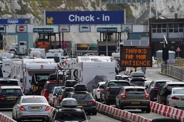 Car queue at the check-in at Dover Port in Kent as many families embark on getaways at the start of summer holidays for many schools in England and Wales. Staffing at French border control at the Port of Dover is "woefully inadequate" causing holidaymakers to be stuck in long queues, the Kent port said. Picture date: Friday July 22, 2022.