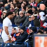 France's tight head prop Mohamed Haouas (C) walks off the pitch after being issued with a red card by Georgian referee Nika Amashukeli during the Six Nations match against Scotland at the Stade de France. (Photo by FRANCK FIFE/AFP via Getty Images)