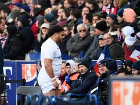 France's tight head prop Mohamed Haouas (C) walks off the pitch after being issued with a red card by Georgian referee Nika Amashukeli during the Six Nations match against Scotland at the Stade de France. (Photo by FRANCK FIFE/AFP via Getty Images)