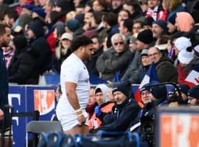 France's tight head prop Mohamed Haouas (C) walks off the pitch after being issued with a red card by Georgian referee Nika Amashukeli during the Six Nations match against Scotland at the Stade de France. (Photo by FRANCK FIFE/AFP via Getty Images)