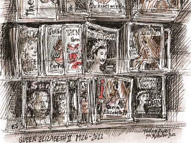 The morning after the Queen's death I was walking around in a bit of a daze through Stockbridge. I was struck by the visual impact of all the newspapers on the stand. Beautiful portraits of our smiling queen, a constant presence in an ever changing world and now no longer.